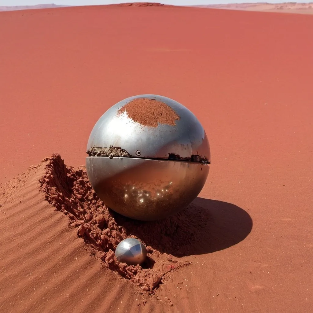 Prompt: a slightly rusty still shiny metallic ball sits, split in two, partly buried in the red Martian sand with a camera arm on top