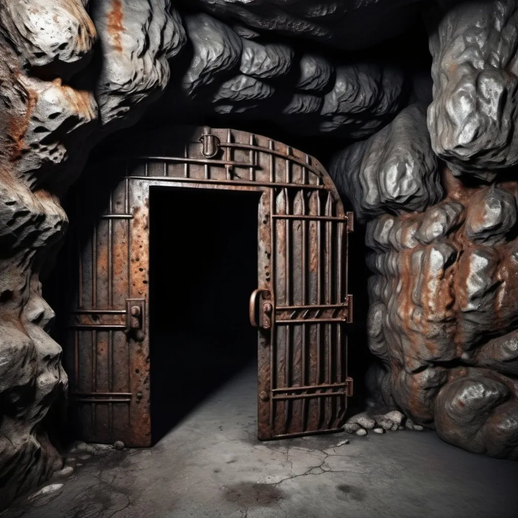 Prompt: spacious underground stone cave, stalagmites, old, decrepit, horror, gloomy, rusted closed iron barred cell doors. weathered, dark, photorealistic, hell