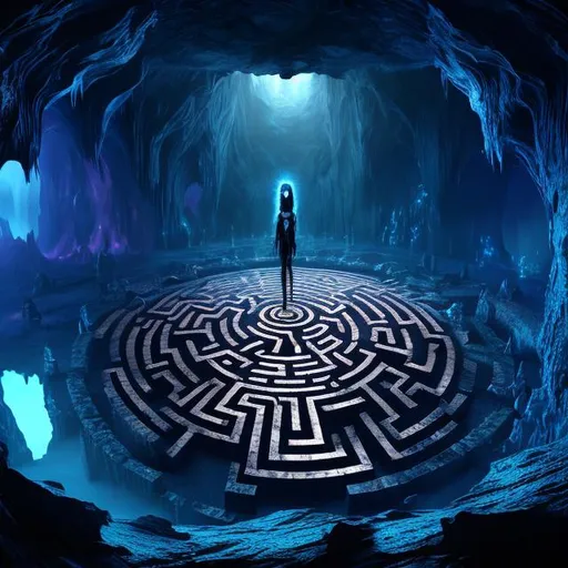 Prompt: Vast cavern with central island labyrinth surrounded by lake, epic fantasy, horror, underworld, Hades, highres, detailed, dark fantasy, eerie lighting, bluish cyan tones, ghostly entities, labyrinth detail, professional