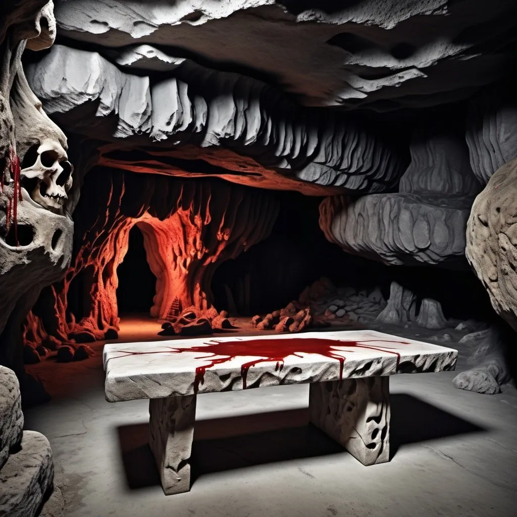 Prompt: spacious underground stone cave, stalagmites, old, decrepit, horror, gloomy, cell door made of bone. weathered, dark, photorealistic, hell, death, blood, bones, stone slab table