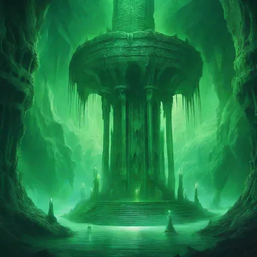 Prompt: Vast cavern with central pillar, ghostly entities in greenish lake, labyrinth atop pillar, epic fantasy, horror, underworld, Hades, highres, detailed, dark fantasy, eerie lighting, green tones, ghostly entities, labyrinth detail, professional