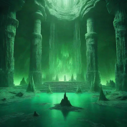 Prompt: Vast cavern with central pillar, ghostly entities in greenish lake, labyrinth atop pillar, epic fantasy, horror, underworld, Hades, highres, detailed, dark fantasy, eerie lighting, green tones, ghostly entities, labyrinth detail, professional