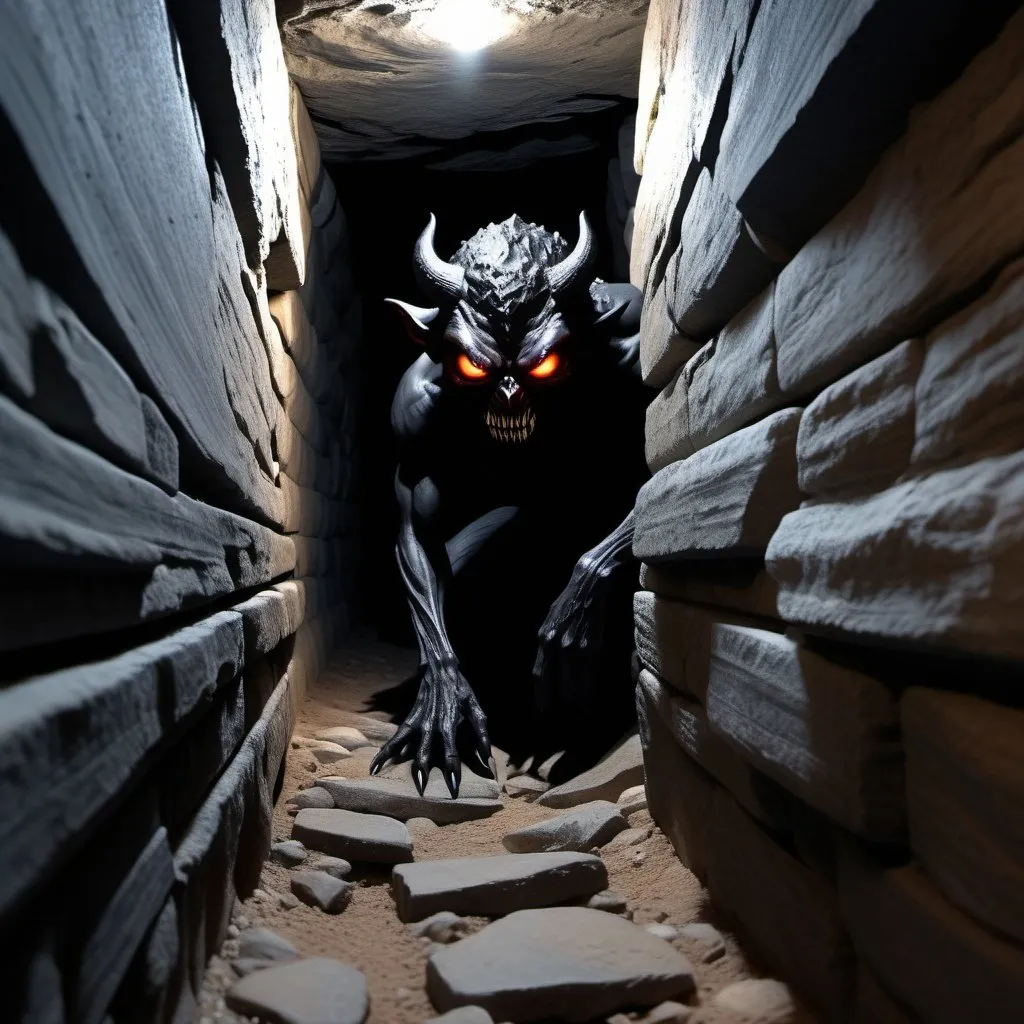 Prompt: black hidden demon lurking in shadows, peeking around corner, narrow straight flat rock corridor, underground very dark, barely visible, flat rock ground, intense shadows, glowing eyes, photo realistic, very dark, black,
