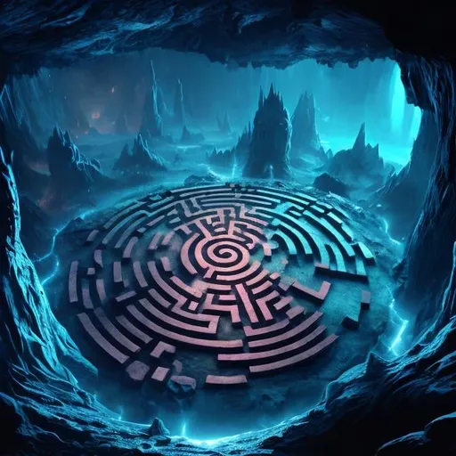Prompt: Vast cavern with central island labyrinth surrounded by lake, epic fantasy, horror, underworld, Hades, highres, detailed, dark fantasy, eerie lighting, bluish cyan tones, ghostly entities, labyrinth detail, professional
