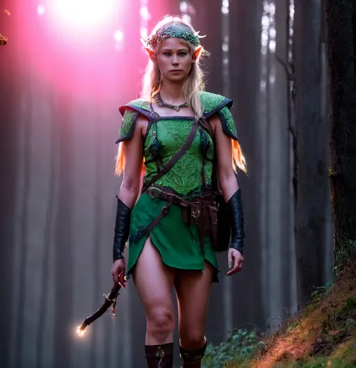 Prompt: Elf ranger in a mystical forest around sunlight