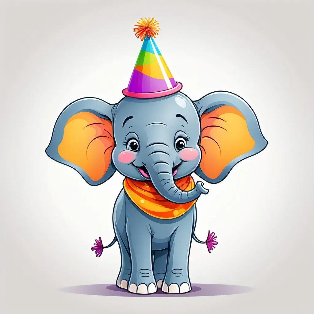 Prompt: A cute and colorful cartoon-style elephant, standing in a playful pose with a friendly smile. The animal should wear a fun accessory like a party hat or a scarf. The style should match a simple and clean design, similar to a children's coloring book, with bright, child-friendly colors and no background. The animal should look happy and fun, suitable for children aged 3 and up.