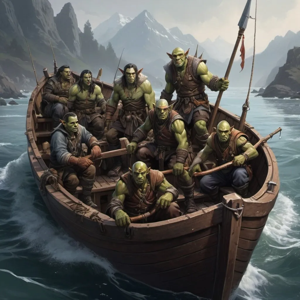 Prompt: half orc fishermen in a big boat