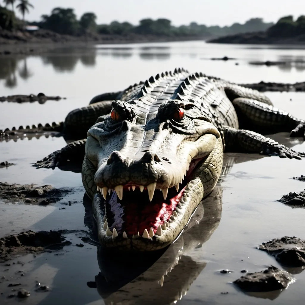 Prompt: One big old crocodile, was swimming in an estuary full of plastic waste, the condition of the eyes was bleeding, the condition of the body was full of plastic waste. and many other crocodiles died