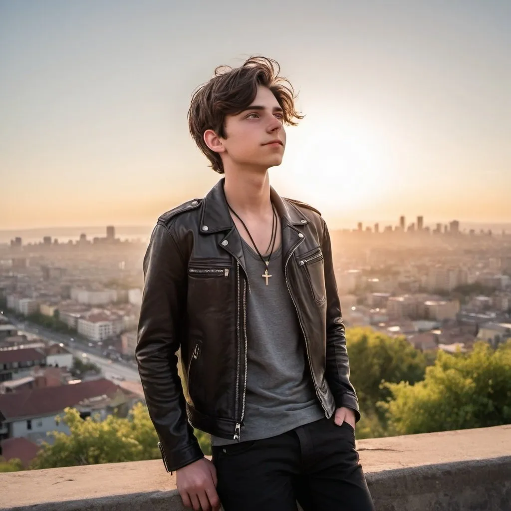 Prompt: "A 23-year-old boy with green eyes and dark brown hair dressed in a black leather jacket, wine-colored shirt, and black pants, wearing a black quartz necklace. The boy is looking down from the top of a hill at his current city, watching the sun set, which makes him feel joyful and motivated. The image shows the boy in the upper left corner, with the city covering the entire lower left corner, and the sun positioned near the boy."