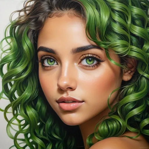 Prompt: Create a girl, high detail, oil painting, beautiful, perfect eyes, perfect hair, green curly hair, green colored eyes, beautiful, tan skin,