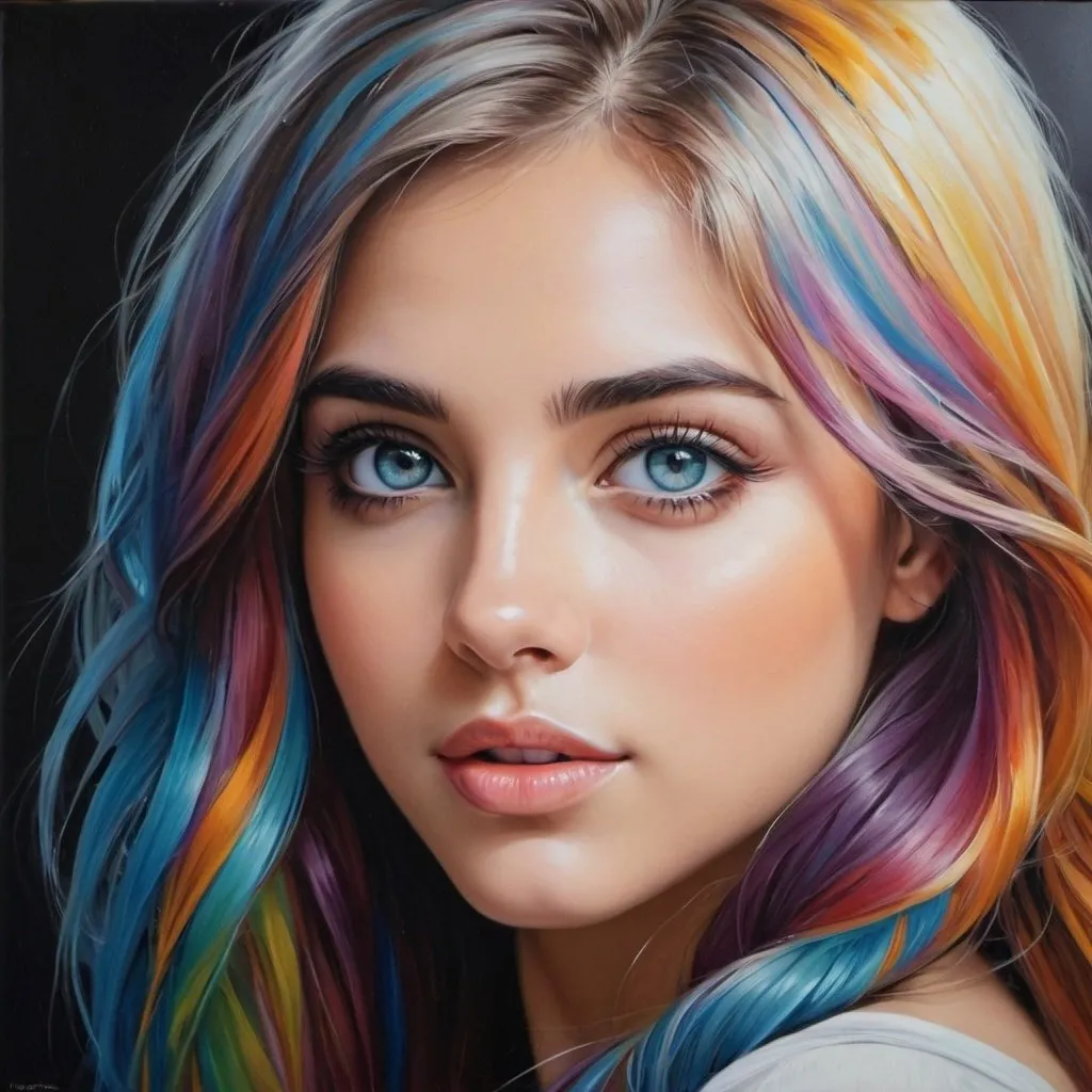 Prompt: Create a girl, high detail, oil painting, beautiful, perfect eyes, perfect hair, multi colored hair, multi colored eyes, beautiful 