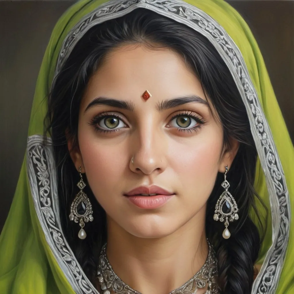 Prompt: Jewish women, oil painting, hyper realistic, high details, symmetric, perfect eyes, perfect hair, beautiful, dark grey eyes, black hair, traditional lime colored clothes, jewelry,