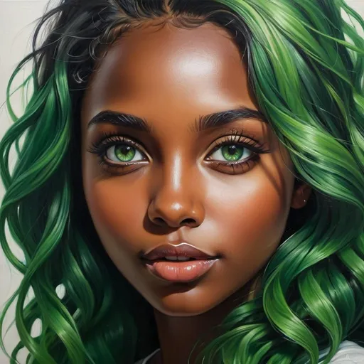 Prompt: Create a girl, high detail, oil painting, beautiful, perfect eyes, perfect hair, green wavy hair, green colored eyes, beautiful, dark skin,