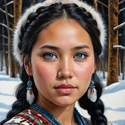 Prompt: Young native Alaskan women, oil painting, hyper realistic, high details, symmetric, perfect eyes, perfect hair, gorgeous, beautiful, blue eyes, braided black hair, light skin, traditional clothing,