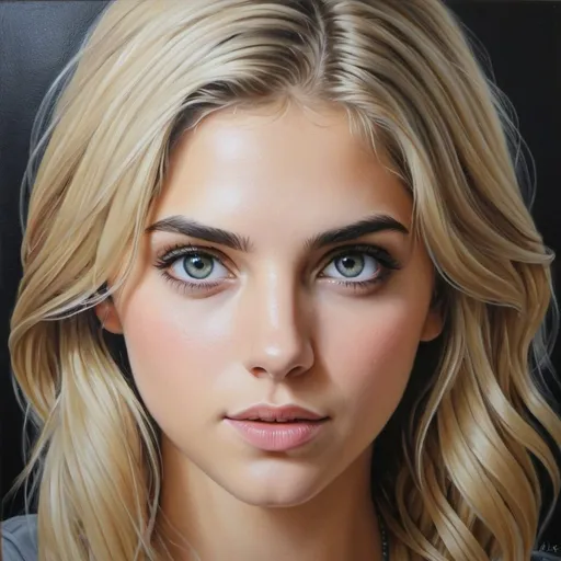 Prompt: Annabeth Chase, oil painting, hyper realistic, high details, symmetric, perfect eyes, perfect hair, beautiful, dark grey eyes, blonde hair,