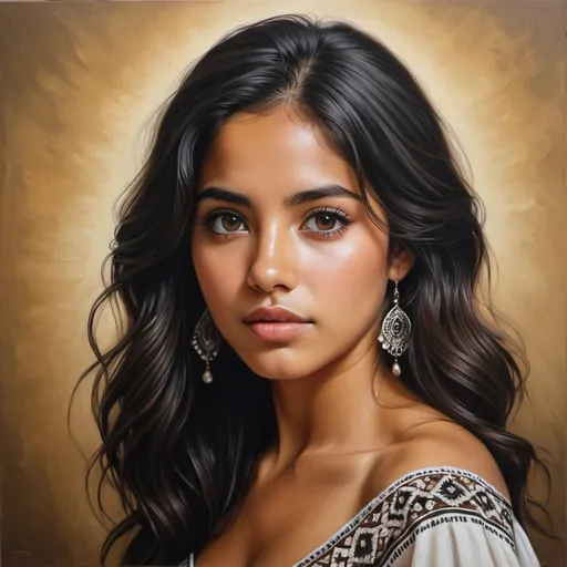 Prompt: Young Mexican women, oil painting, hyper realistic, high details, symmetric, perfect eyes, perfect hair, beautiful, dark brown eyes, black hair, tan skin, dark dress,