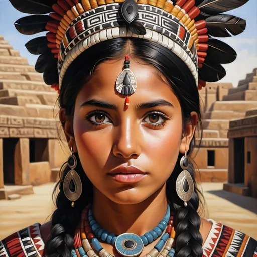 Prompt: Young aztec women, oil painting, hyper realistic, high details, symmetric, perfect eyes, perfect hair, beautiful, dark brown eyes, black hair, dark skin, traditional clothes,