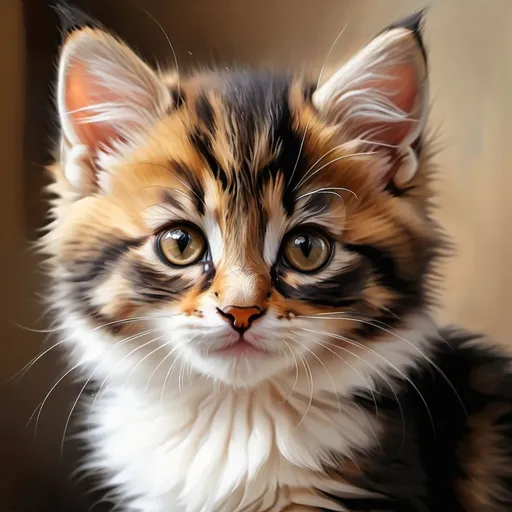 Prompt: Young kitten, oil painting, hyper realistic, high details, symmetric, perfect eyes, perfect fur, beautiful, dark brown eyes, calico long fur, cute, fluffy, soft, 