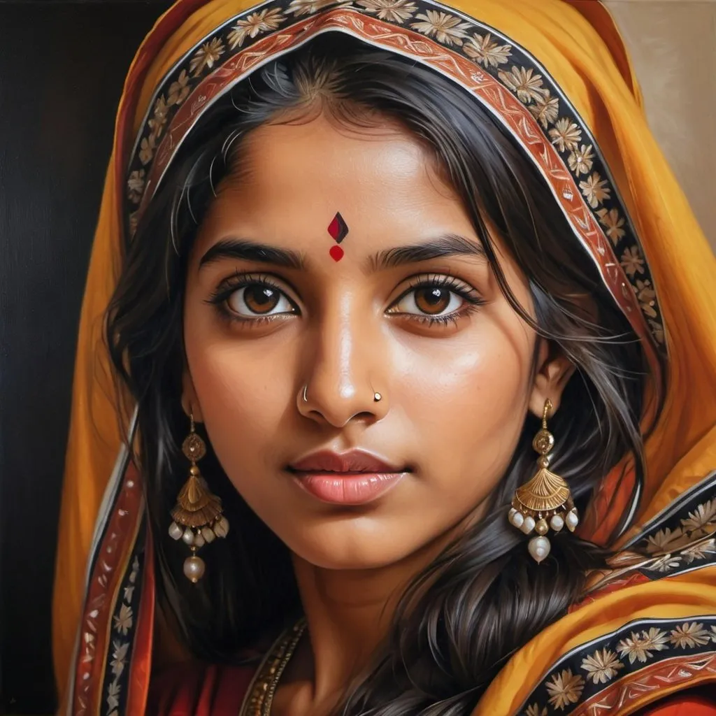 Prompt: Young Indian women, oil painting, hyper realistic, high details, symmetric, perfect eyes, perfect hair, beautiful, brown eyes, black hair, tan skin, traditional clothes,