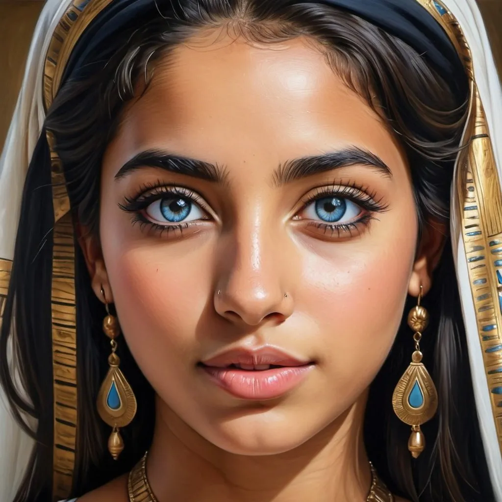 Prompt: Young Egyptian women, oil painting, hyper realistic, high details, symmetric, perfect eyes, perfect hair, beautiful, blue eyes, black hair, tan skin,