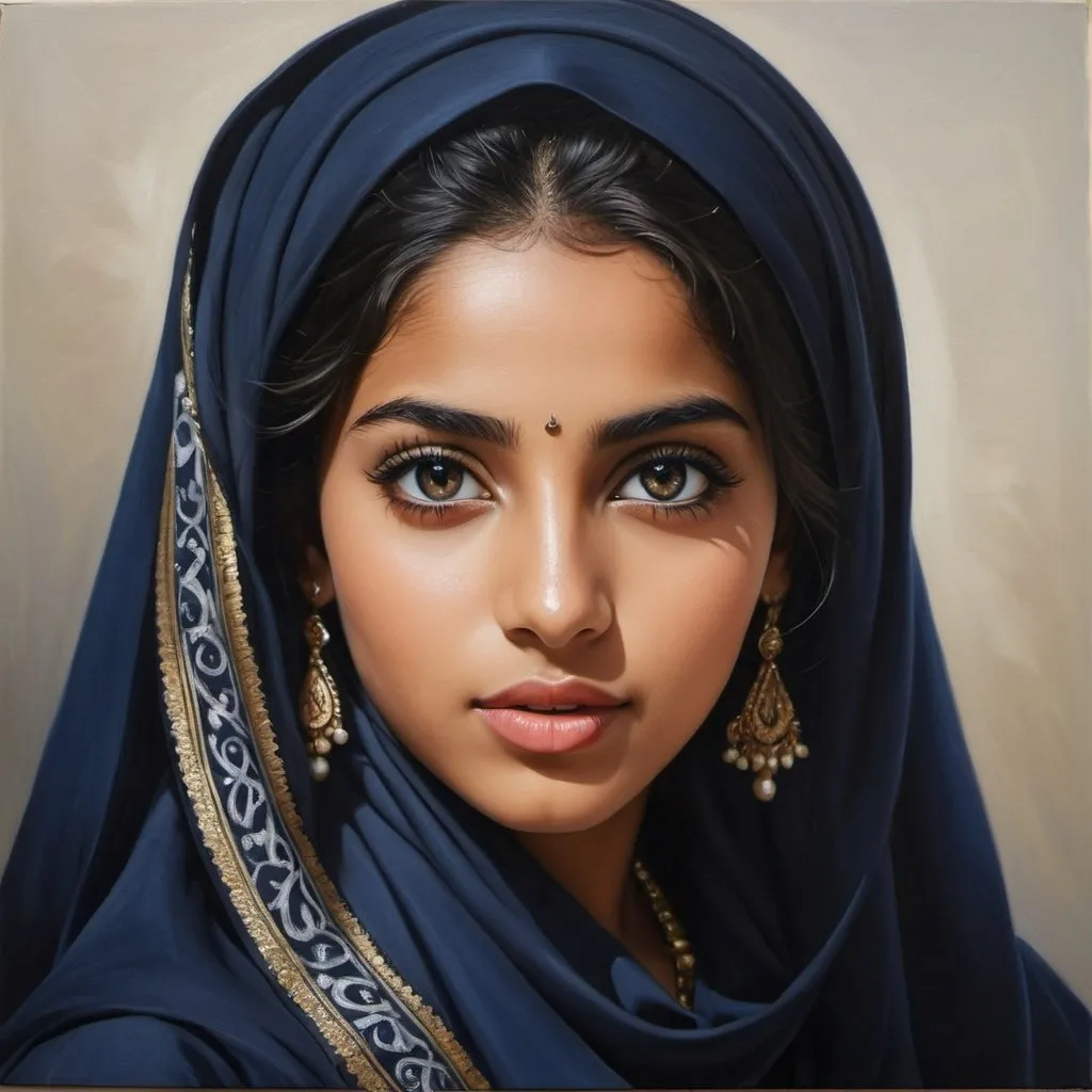 Prompt: Young Arabia women, oil painting, hyper realistic, high details, symmetric, perfect eyes, perfect hair, beautiful, dark grey eyes, black hair, dark skin, traditional navy clothes,