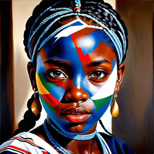 Prompt: Young South Africa women, oil painting, hyper realistic, high details, symmetric, perfect eyes, perfect hair, gorgeous, beautiful, very dark eyes, braided black hair,  very dark skin, traditional clothing,