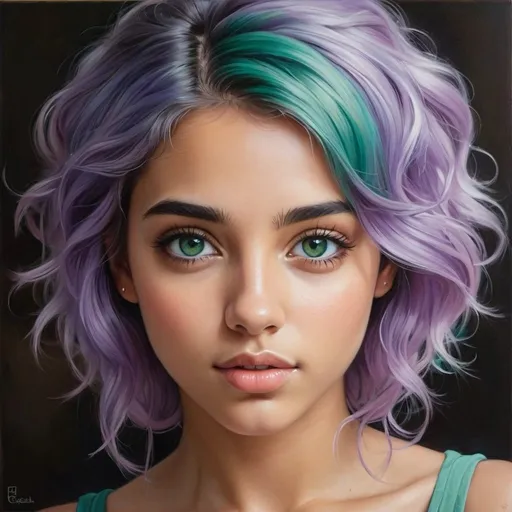 Prompt: Create a girl, high detail, oil painting, beautiful, perfect eyes, perfect hair, teal and lavender colored hair, green eyes, beautiful, tan skin, Greek,