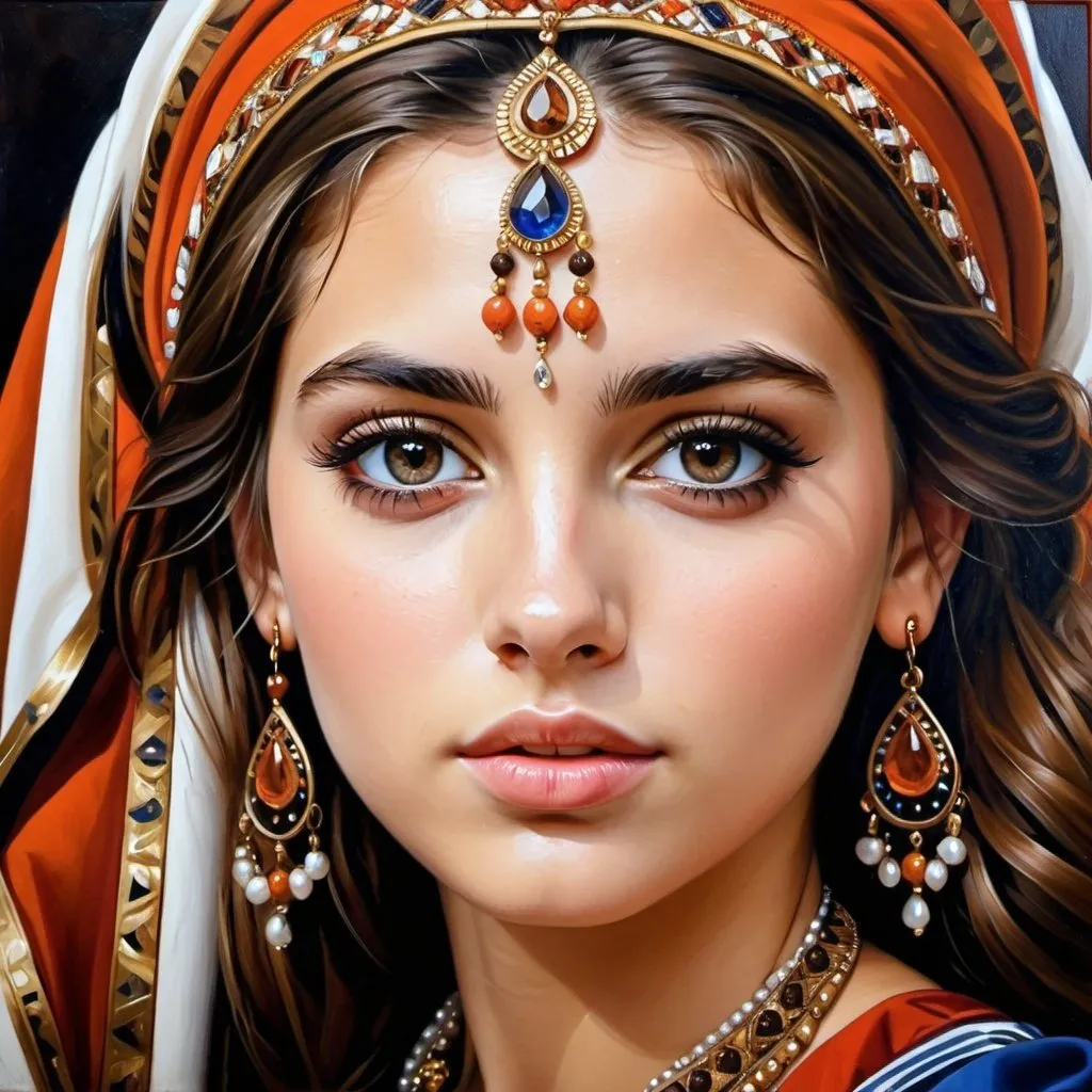 Prompt: Young French women, oil painting, hyper realistic, high details, symmetric, perfect eyes, perfect hair, gorgeous, goddess like, beautiful, dark browns eyes, brown hair, traditional clothing, lots of jewelry, perfect makeup,