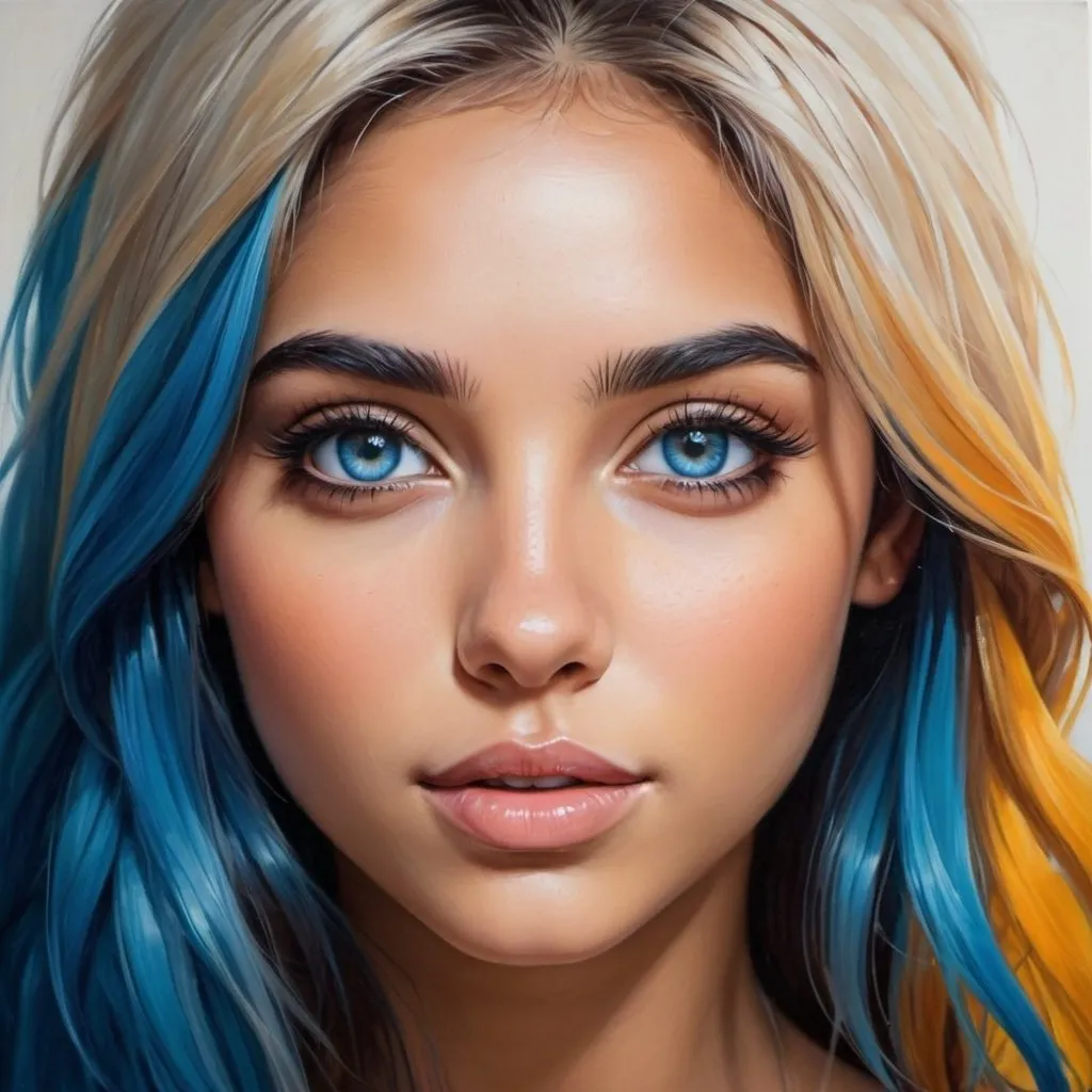 Prompt: Create a girl, high detail, oil painting, beautiful, perfect eyes, perfect hair, blue colored hair, multi colored eyes, beautiful, tan skin,