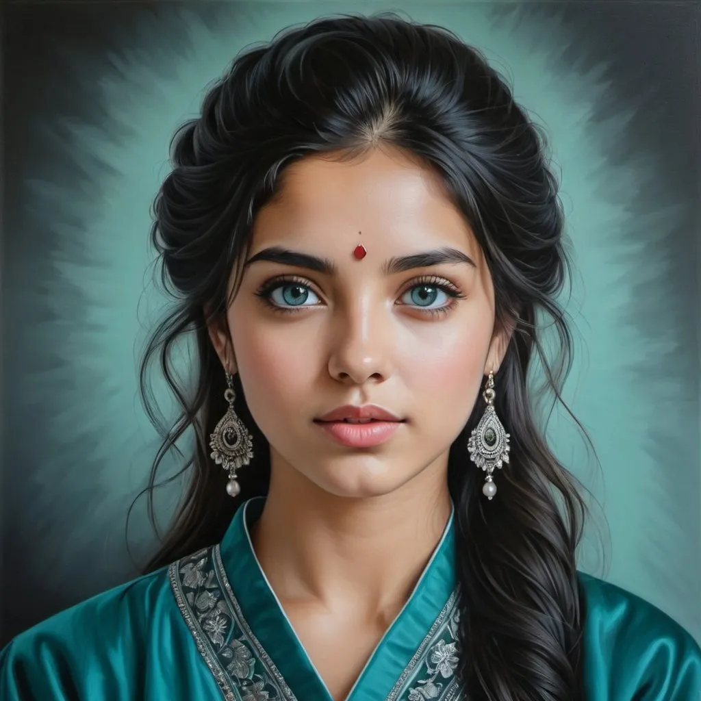 Prompt: Young to us, women, oil painting, hyper realistic, high details, symmetric, perfect eyes, perfect hair, beautiful, dark grey eyes, black hair, traditional teal clothes,