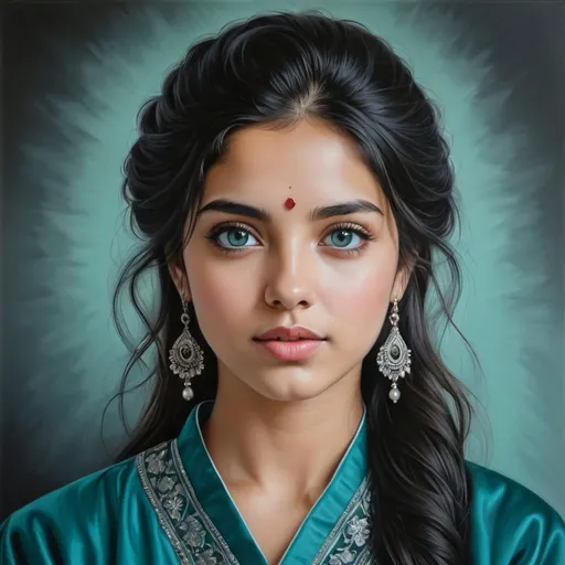 Prompt: Young to us, women, oil painting, hyper realistic, high details, symmetric, perfect eyes, perfect hair, beautiful, dark grey eyes, black hair, traditional teal clothes,