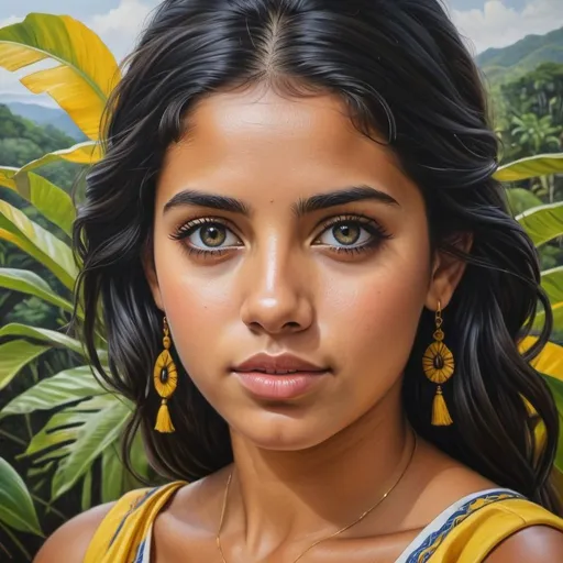 Prompt: Young Costa Rican women, oil painting, hyper realistic, high details, symmetric, perfect eyes, perfect hair, beautiful, dark blue eyes, black hair, tan skin, traditional yellow dress,