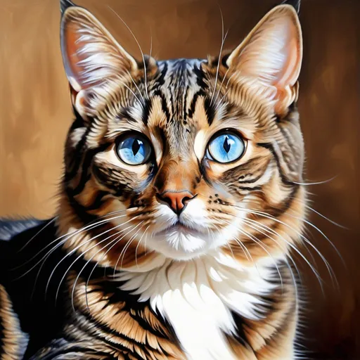 Prompt: Brown tabby cat , oil painting, hyper realistic, high details, symmetric, perfect eyes, perfect hair, beautiful, blue eyes,
