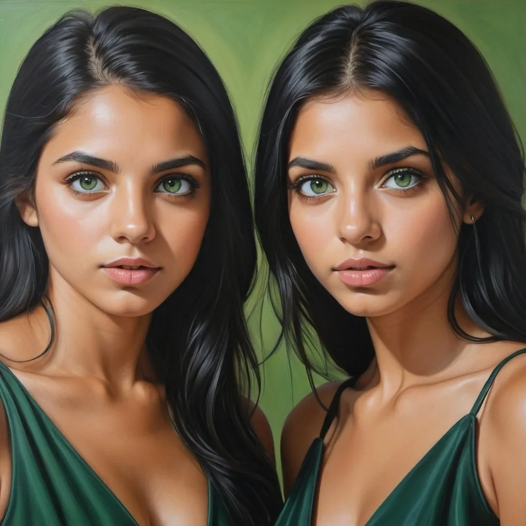 Prompt: sisters, oil painting, hyper realistic, high details, symmetric, perfect eyes, perfect hair, black hair, tan skin, dark dress, green eyes,