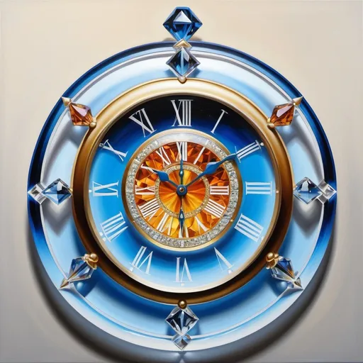 Prompt: A clock made of crystal, oil painting, hyper realistic, high details, symmetric, beautiful, 