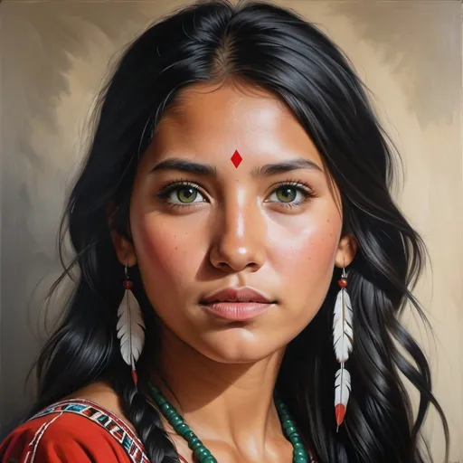 Prompt: Young Native American women, oil painting, hyper realistic, high details, symmetric, perfect eyes, perfect hair, beautiful, dark green eyes, black hair, tan skin, red dress,