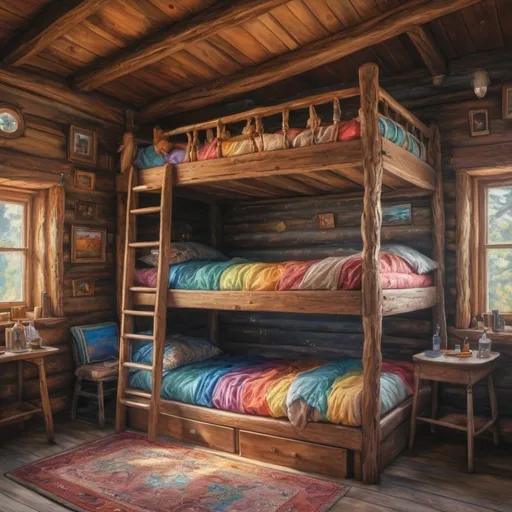 Prompt: A cabin bunk made of rainbow crystal, oil painting, hyper realistic, high details, symmetric, beautiful, 