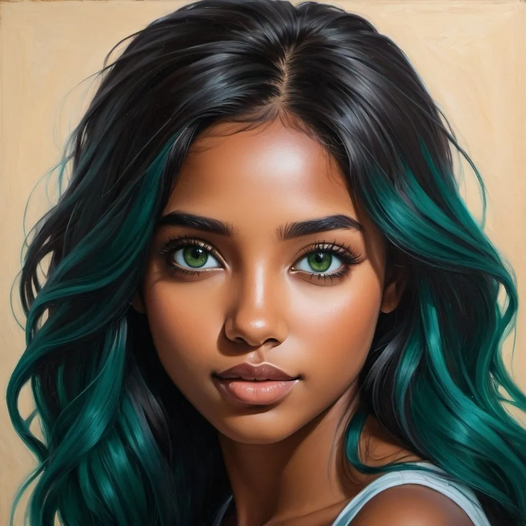 Prompt: Create a girl, high detail, oil painting, beautiful, perfect eyes, perfect hair, dark black, brown, and teal colored hair, very dark green eyes, beautiful, tan skin, dark skin, Mashi,