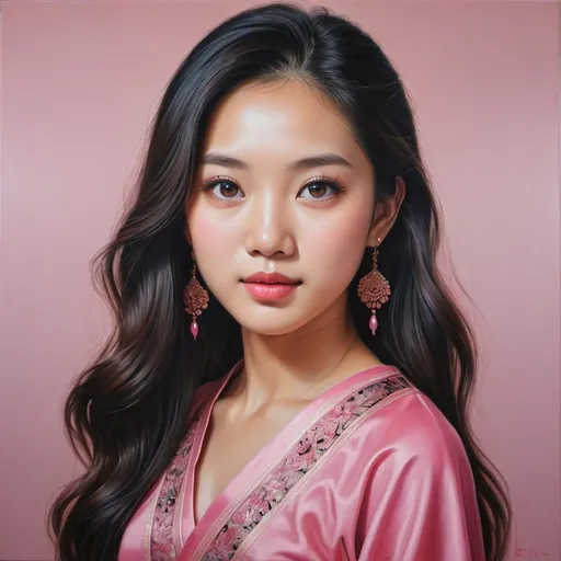 Prompt: Young Singaporean women, oil painting, hyper realistic, high details, symmetric, perfect eyes, perfect hair, beautiful, dark copper eyes, black hair, traditional pink dress,