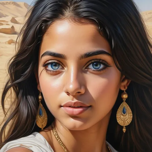Prompt: Young Egyptian women, oil painting, hyper realistic, high details, symmetric, perfect eyes, perfect hair, beautiful, blue eyes, black hair, tan skin,