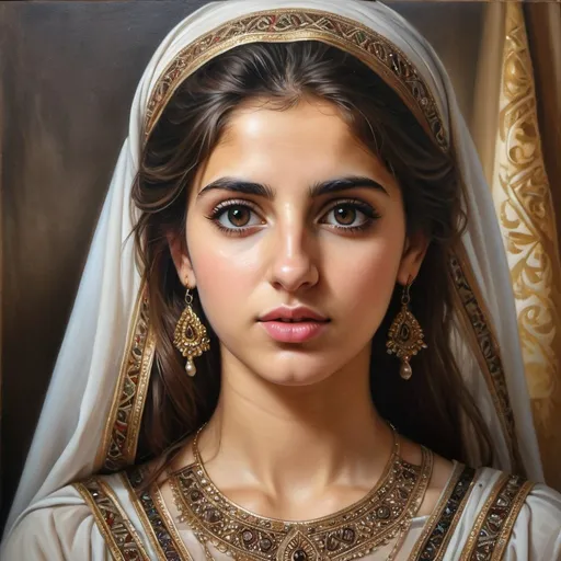 Prompt: Young Syrian women, oil painting, hyper realistic, high details, symmetric, perfect eyes, perfect hair, beautiful, dark greek eyes, brown hair,  beautiful dress,