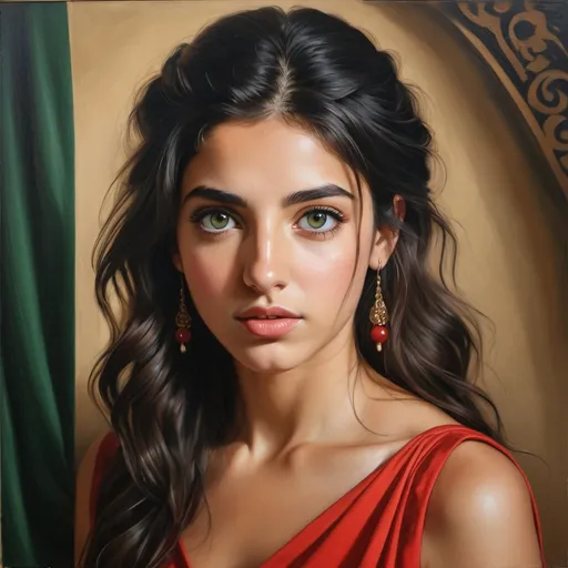 Prompt: Young Greek women, oil painting, hyper realistic, high details, symmetric, perfect eyes, perfect hair, beautiful, dark green eyes, black hair, tan skin, red dress,