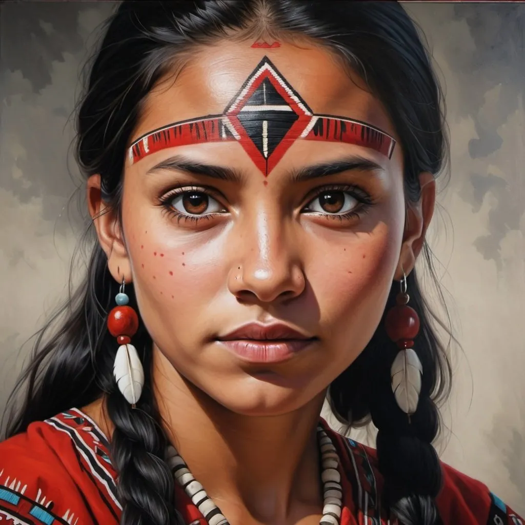 Prompt: Young Cherokee women, oil painting, hyper realistic, high details, symmetric, perfect eyes, perfect hair, beautiful, dark brown eyes, black hair, dark skin, traditional red clothes,