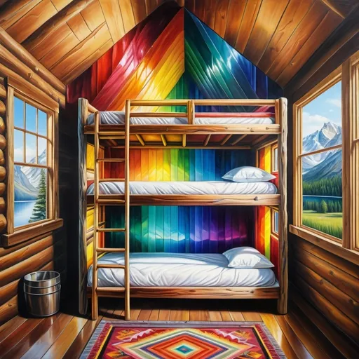 Prompt: A cabin bunk made of rainbow crystal, oil painting, hyper realistic, high details, symmetric, beautiful, 
