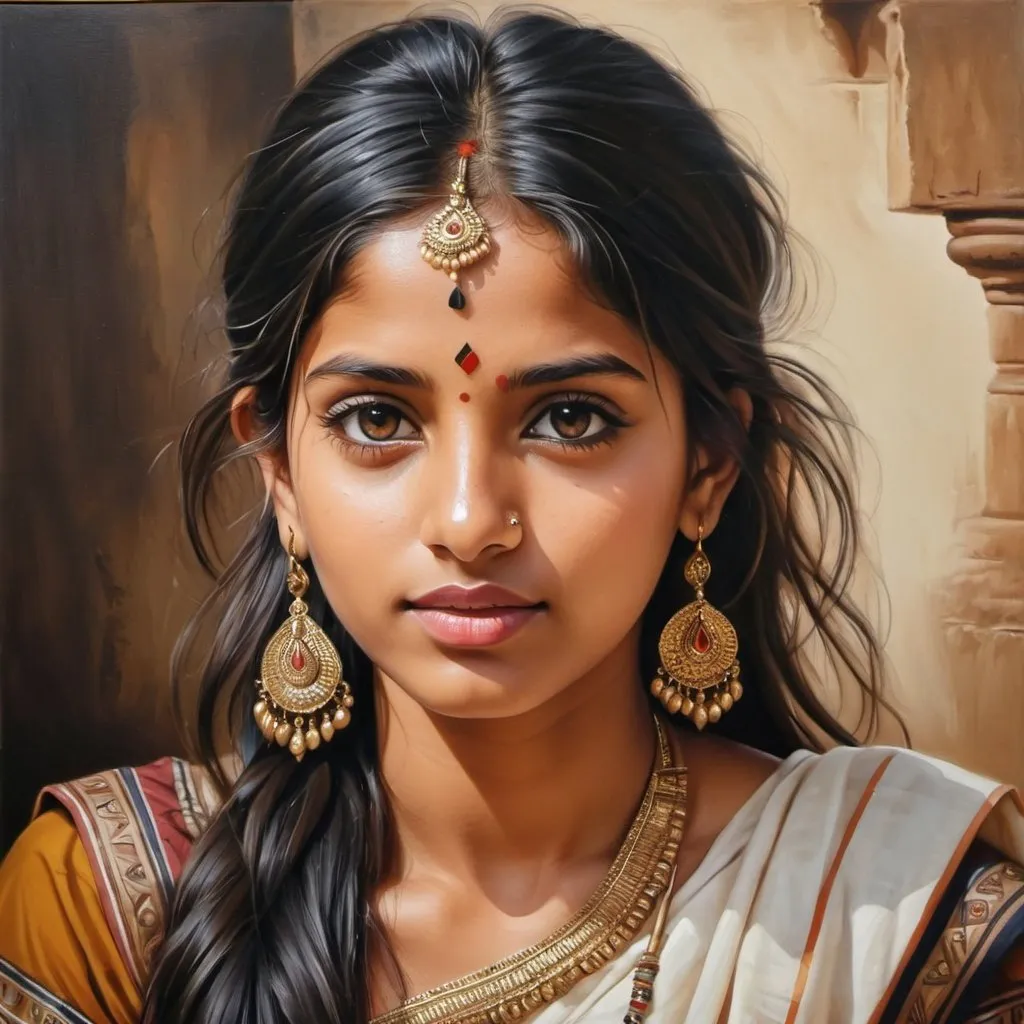 Prompt: Young Indian women, oil painting, hyper realistic, high details, symmetric, perfect eyes, perfect hair, beautiful, brown eyes, black hair, tan skin, traditional clothes,