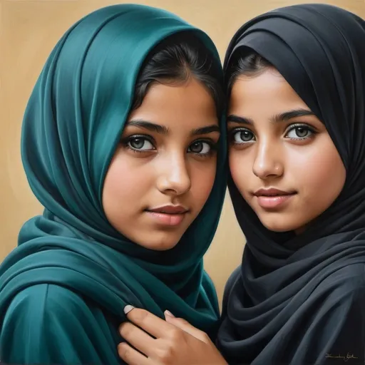 Prompt: 14 year girls, sisters, holding hands, oil painting, hyper realistic, high details, symmetric, perfect eyes, perfect hair, black hair, tan skin, dark teal hijab, grey eyes,