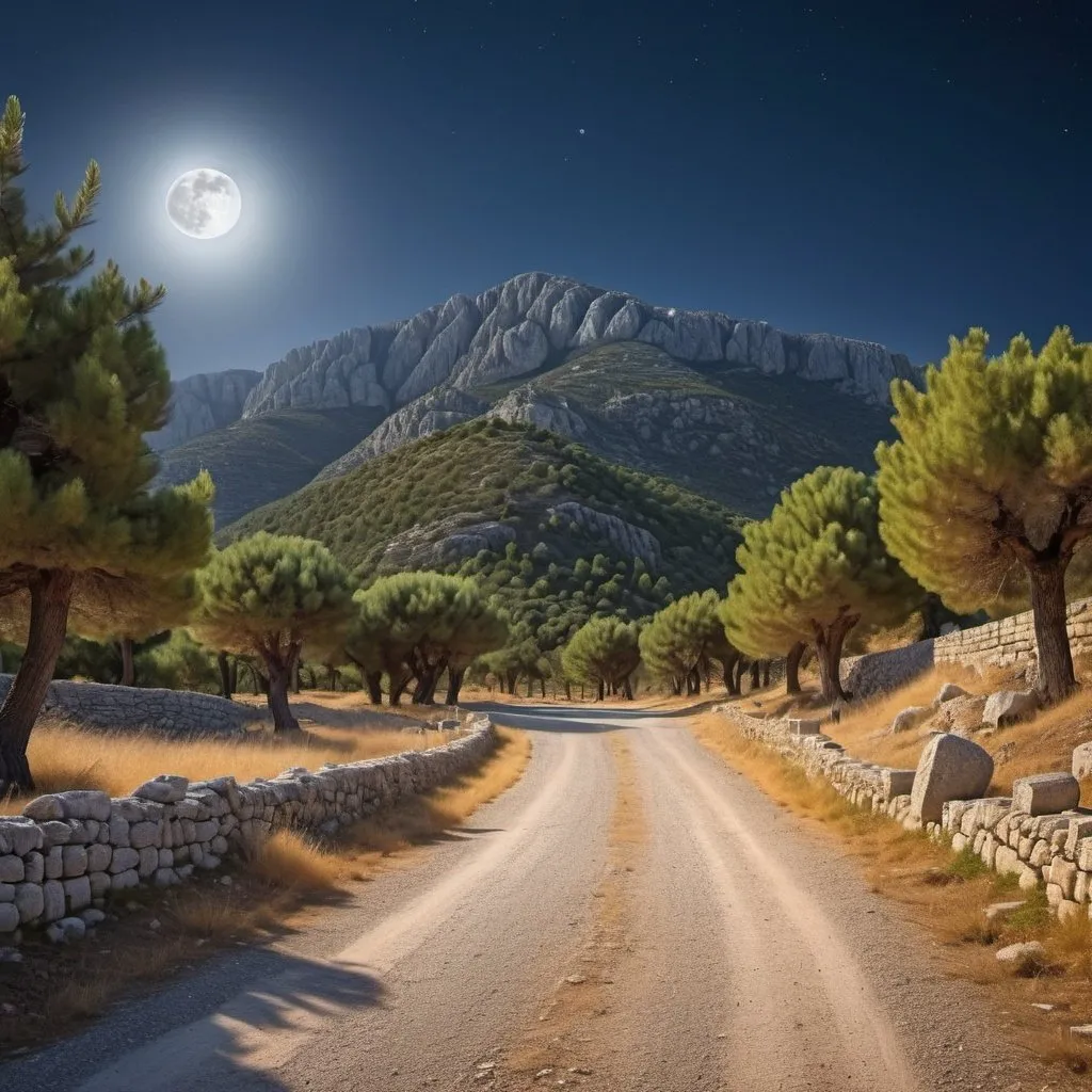 Prompt: Ancient Greek crossroads, woods, mountains in background, high definition, detailed, serene, tranquil, moon in the sky, nighttime, 