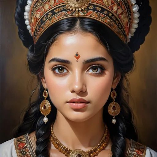 Prompt: Young  Colla women, oil painting, hyper realistic, high details, symmetric, perfect eyes, perfect hair, gorgeous, goddess like, beautiful, dark browns eyes, black hair, traditional clothing, 