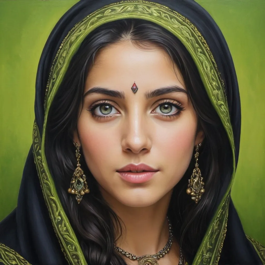 Prompt: Jewish women, oil painting, hyper realistic, high details, symmetric, perfect eyes, perfect hair, beautiful, dark grey eyes, black hair, traditional lime colored clothes, jewelry,