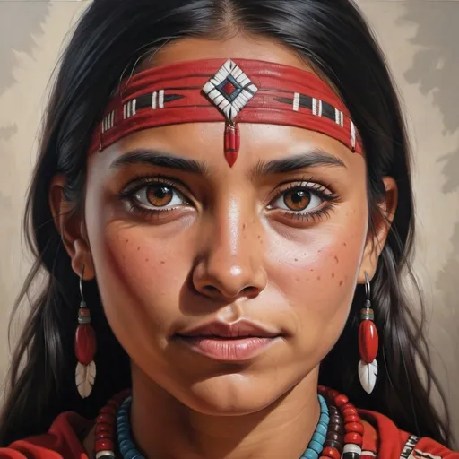 Prompt: Young Cherokee women, oil painting, hyper realistic, high details, symmetric, perfect eyes, perfect hair, beautiful, dark brown eyes, black hair, dark skin, traditional red clothes,